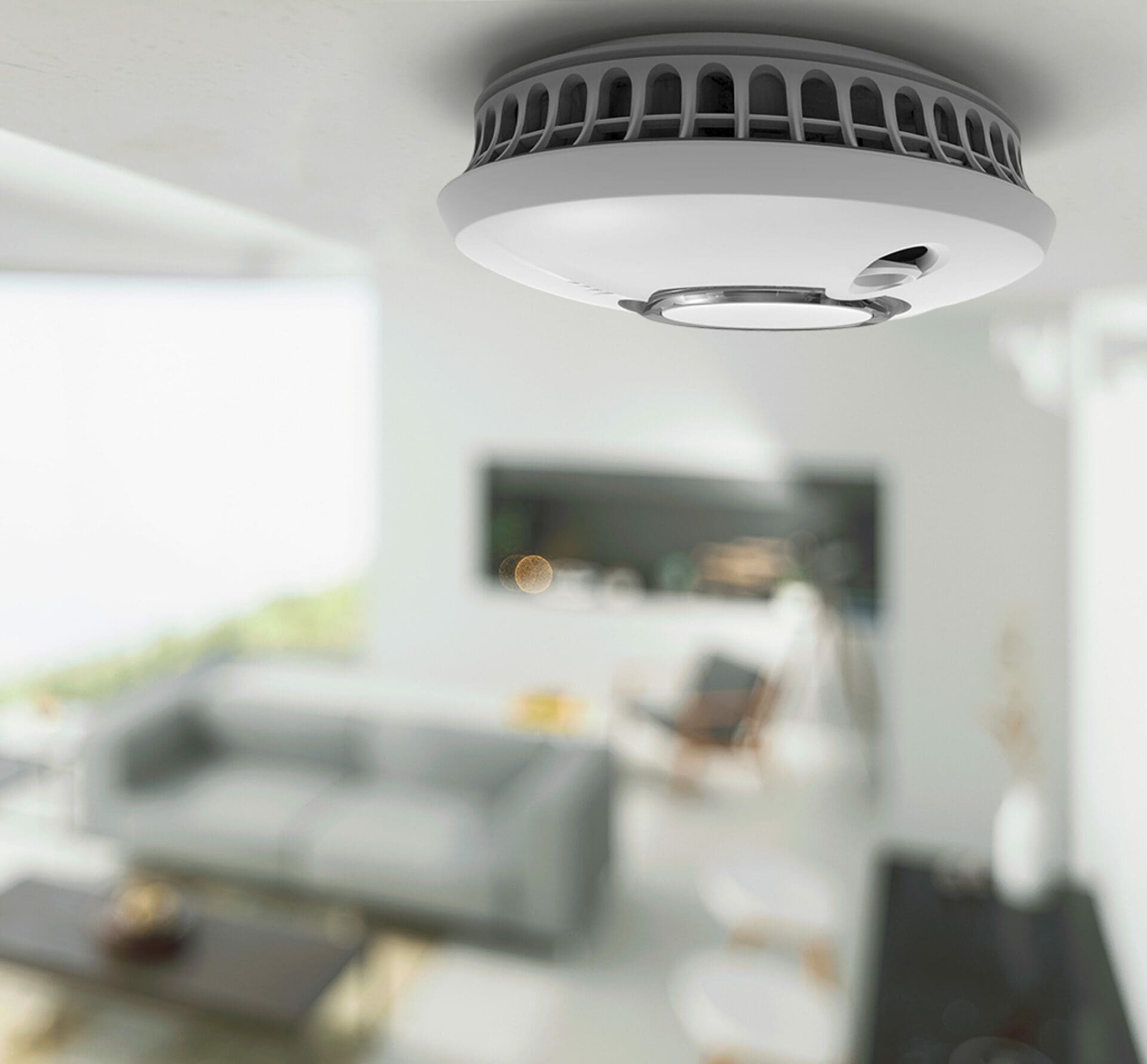 Installed FireAngel FP2620 smoke alarm on a living-room ceiling
