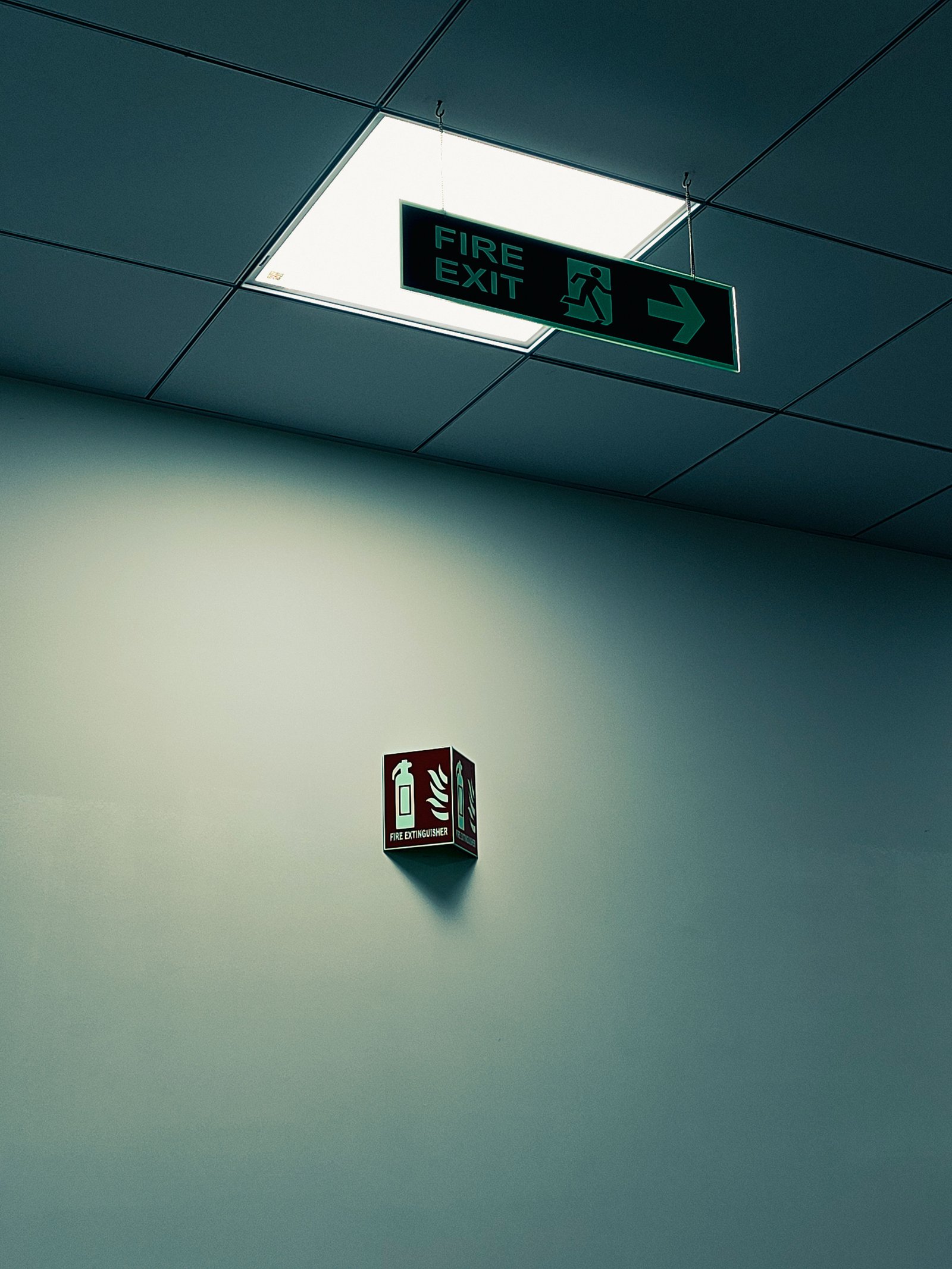 Office corridor illuminated fire exit sign