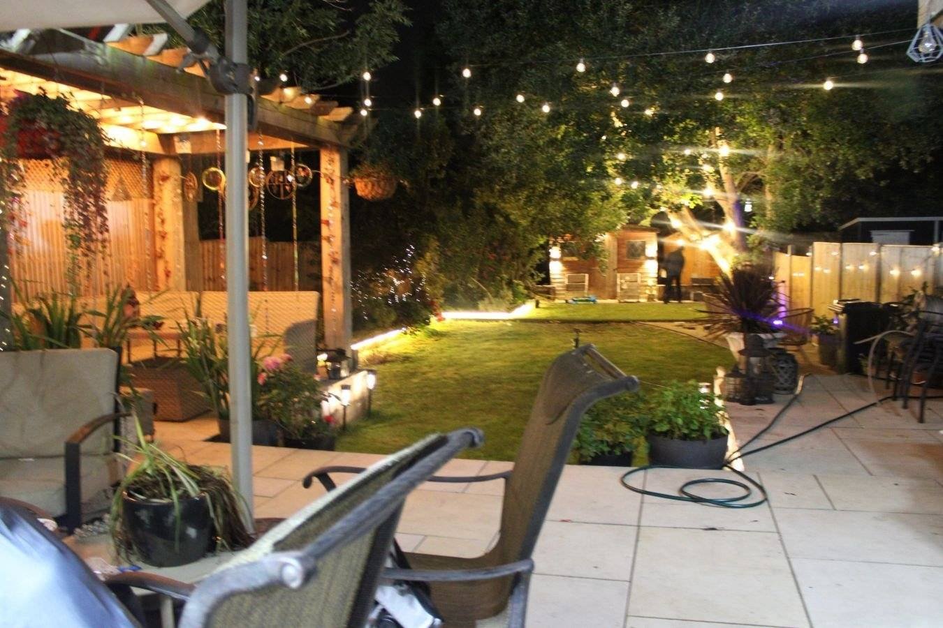 Outdoor patio and garden lighting at night